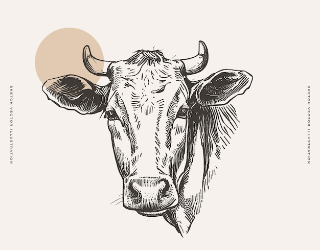 Vector black and white drawing of cows head