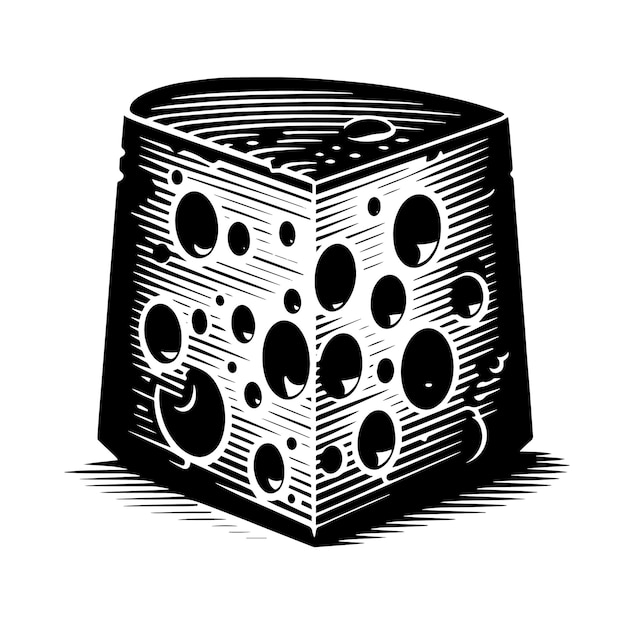 A black and white drawing of a cube with holes in it