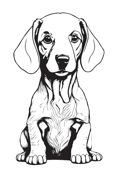 A black and white drawing of a dachshund dog with a black nose and a white background