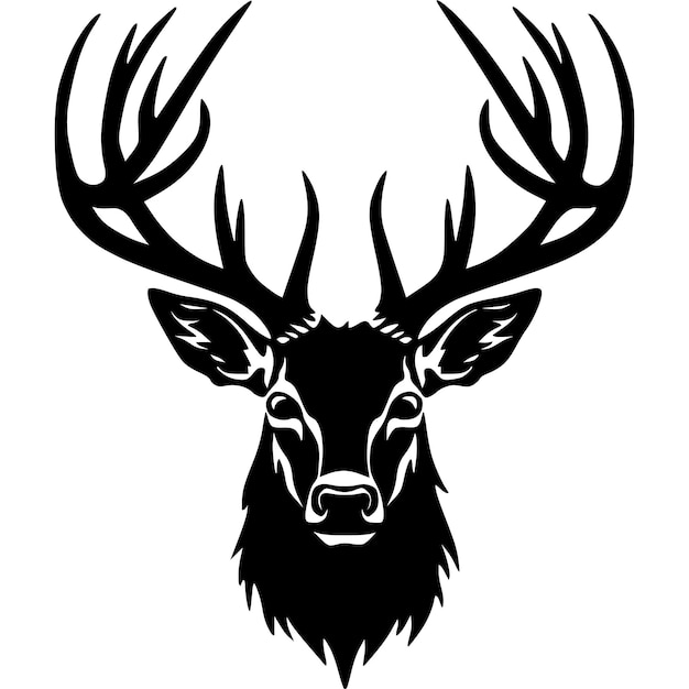 A black and white drawing of a deer head with antlers.