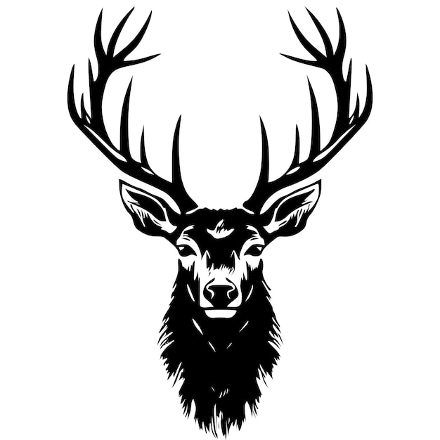 A black and white drawing of a deer head with antlers.