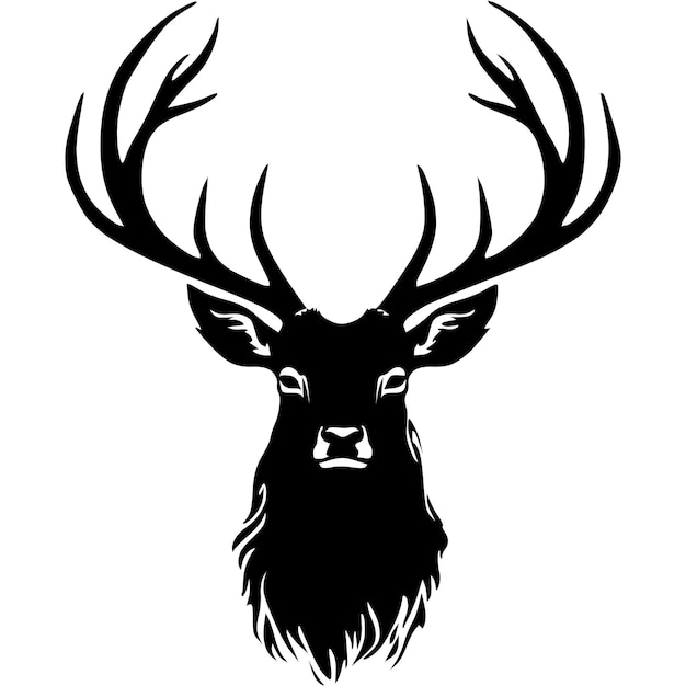 A black and white drawing of a deer head with antlers.