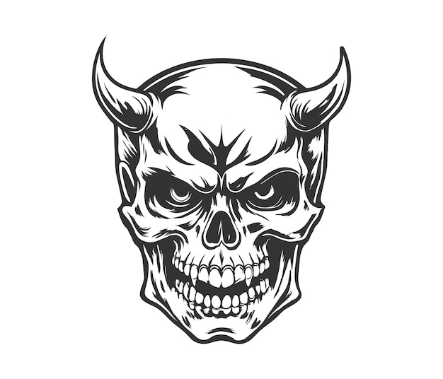 角を持つ悪魔の頭の黒と白の絵