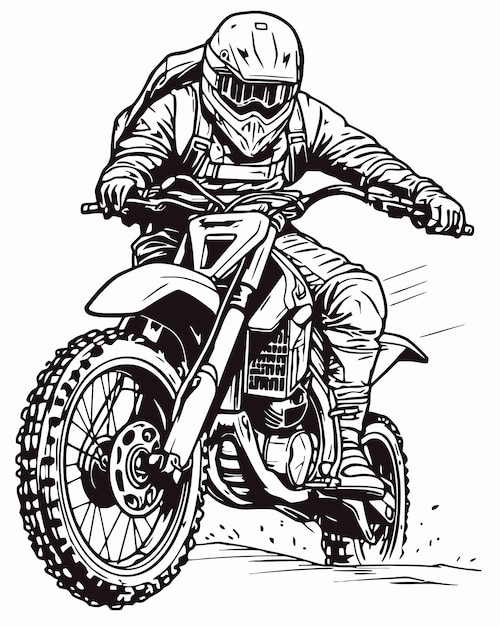 A black and white drawing of a dirt bike rider