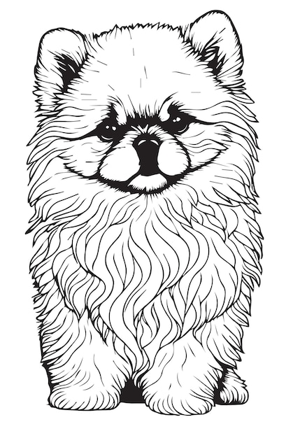 Un disegno in bianco e nero di un cane con i capelli lunghi e una lunga coda a strisce
