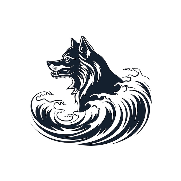 A black and white drawing of a dog with a wolf on it