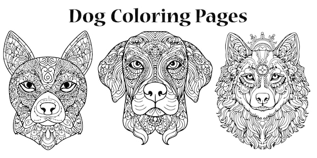 A black and white drawing of dogs coloring book page set