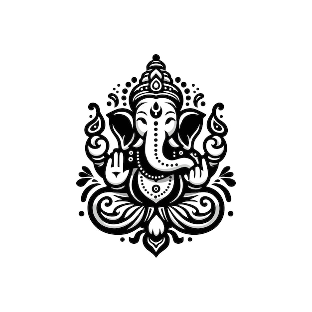 a black and white drawing of an elephant with a floral pattern