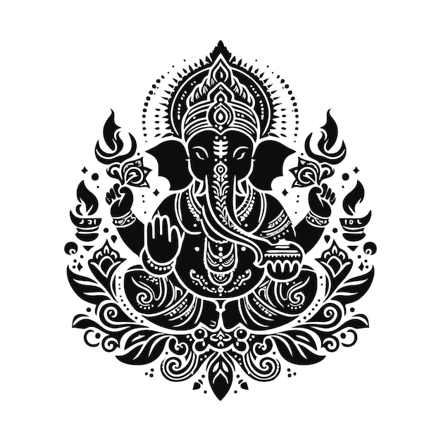 a black and white drawing of an elephant with a floral pattern