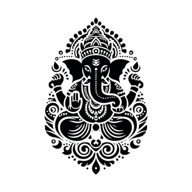 a black and white drawing of an elephant with a gold crown on it