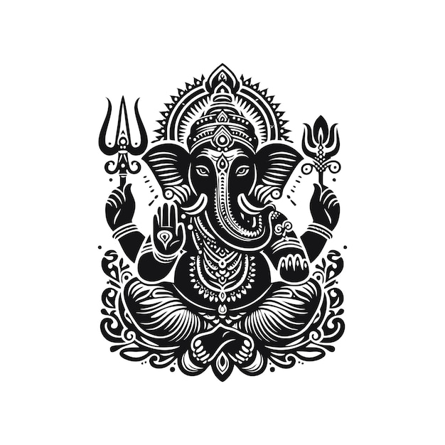 a black and white drawing of an elephant with a symbol that says god on it