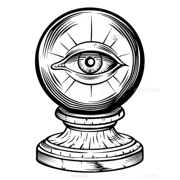 A black and white drawing of an eye inside a ball