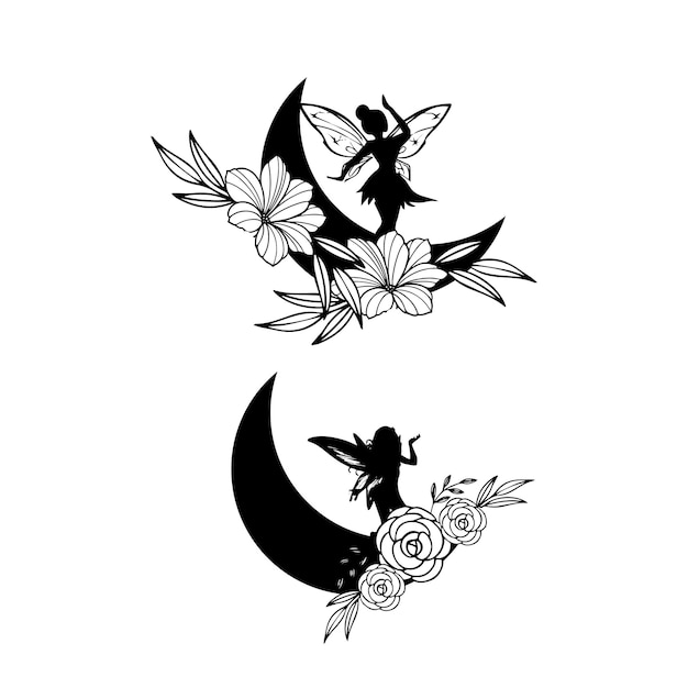 A black and white drawing of a fairy on a moon with roses.