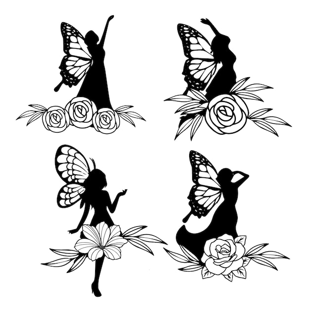 Vector a black and white drawing of a fairy with a butterfly on her back.