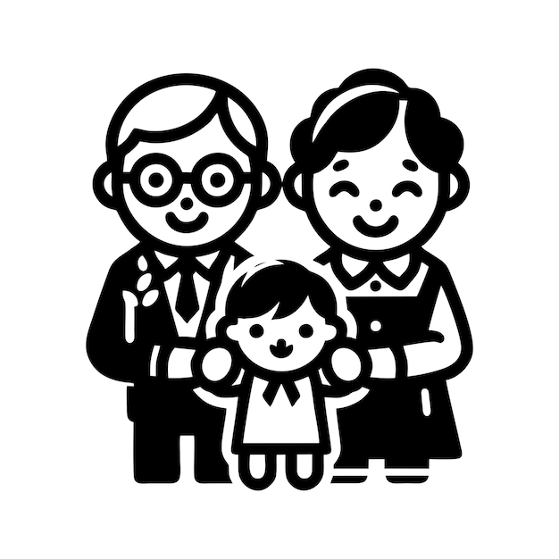 a black and white drawing of a family with a baby and a woman