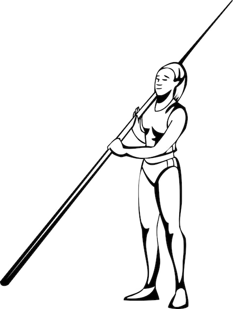 A black and white drawing of a female athlete with a pole in her hand.