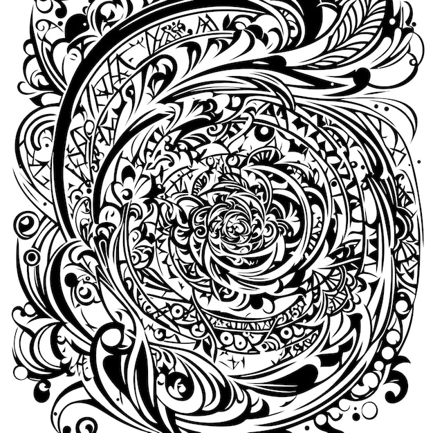 A black and white drawing of a floral design with a bird on it.