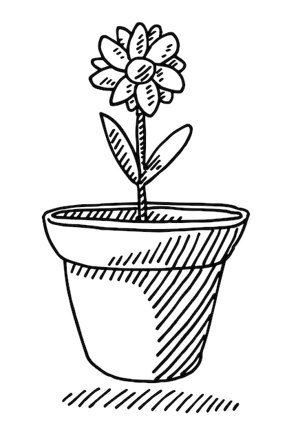 a black and white drawing of a flower in a pot with a flower on it