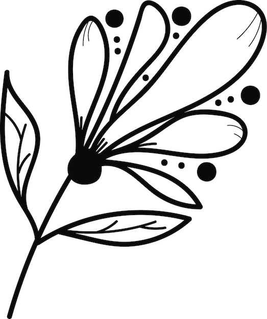 A black and white drawing of a flower with a leaf