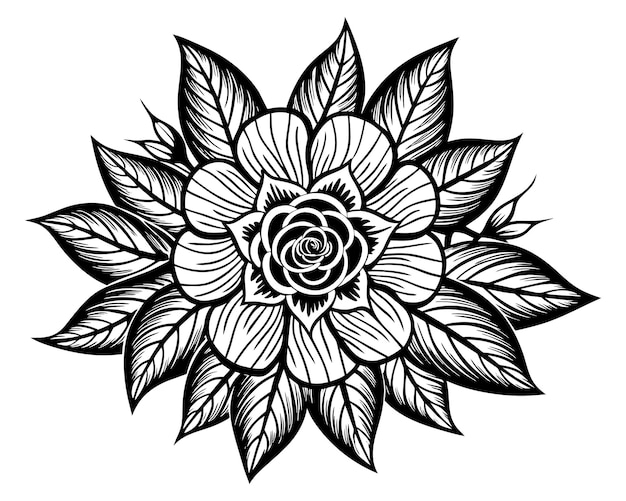 a black and white drawing of a flower with leaves on it