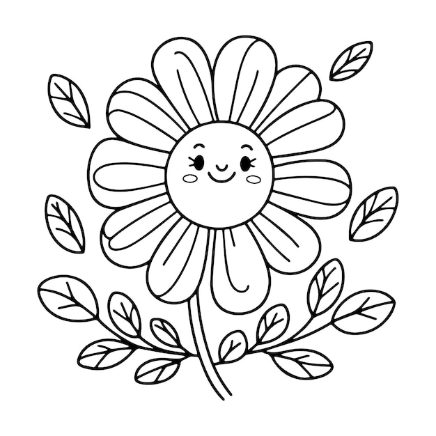 잎과 미소 얼굴을 가진 꽃의 검은색과 색 그림 어린이용 색채 페이지
