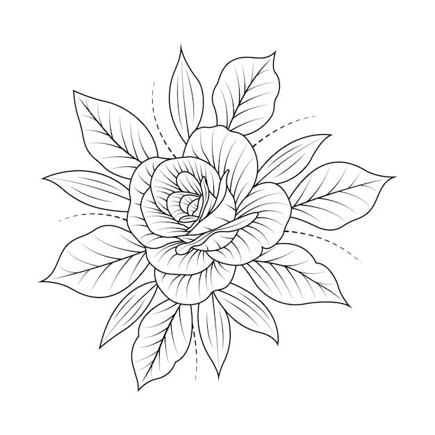 A black and white drawing of a flower with leaves.