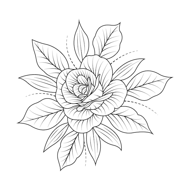 葉のある花の白黒の絵。