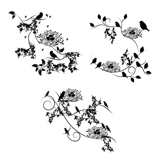 A black and white drawing of flowers and birds.