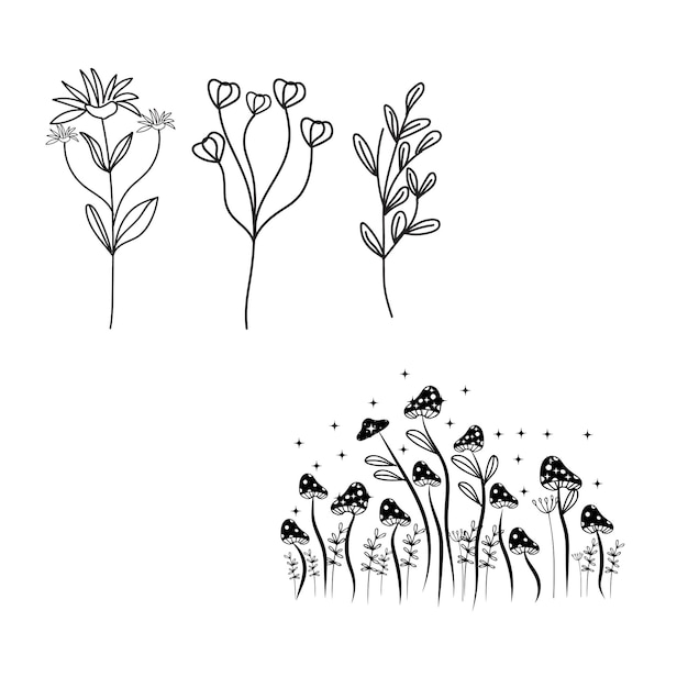 A black and white drawing of flowers and butterflies.