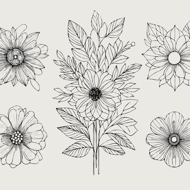 Vector a black and white drawing of flowers and leaves