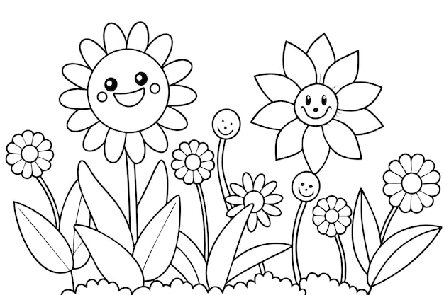 얼굴과 얼굴이 있는 꽃의 검은색과 색 그림