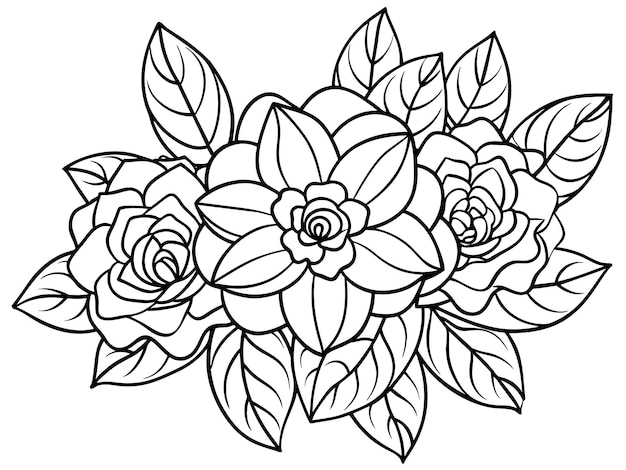 a black and white drawing of flowers with leaves and leaves