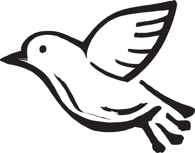 A black and white drawing of a flying dove.
