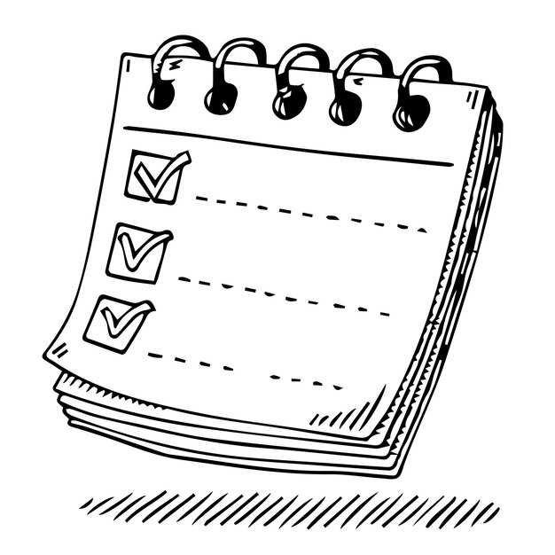 a black and white drawing of a folder with a checklist on it