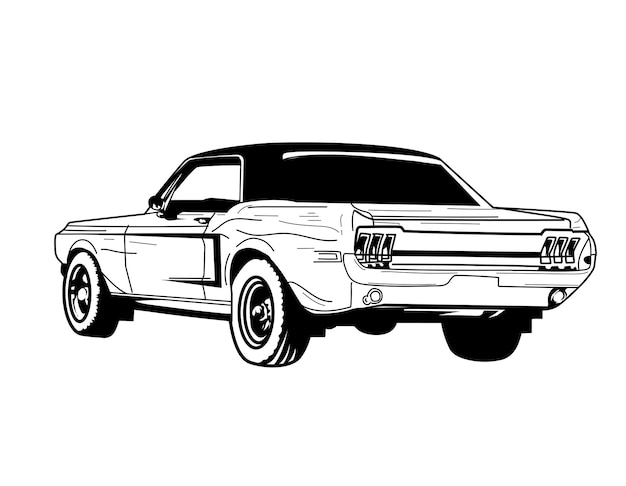 A black and white drawing of a ford mustang.