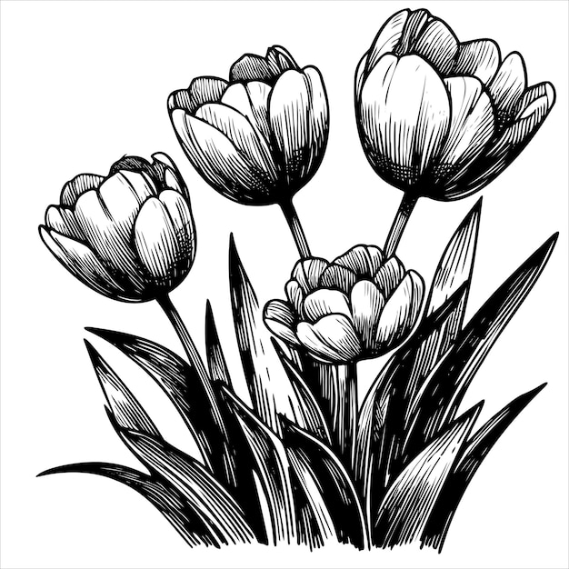 black and white drawing of four tulips with green stems