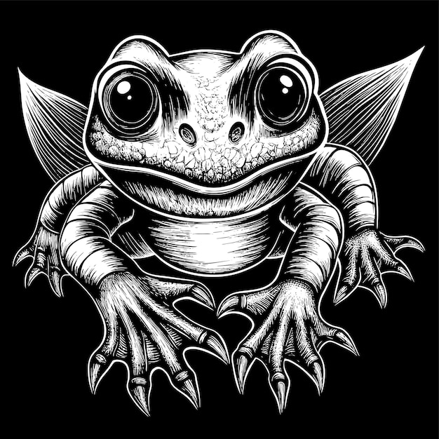 A black and white drawing of a frog with a black background | Premium
