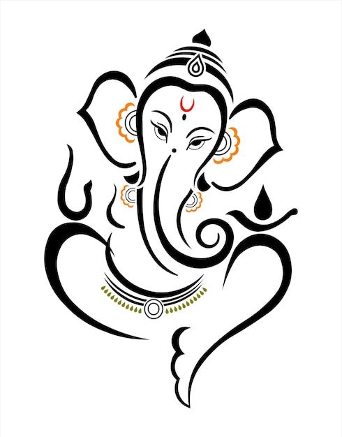 A black and white drawing of a ganesha with a red and green design.