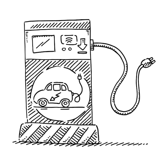 a black and white drawing of a gas pump with a picture of a car and the word mail on it