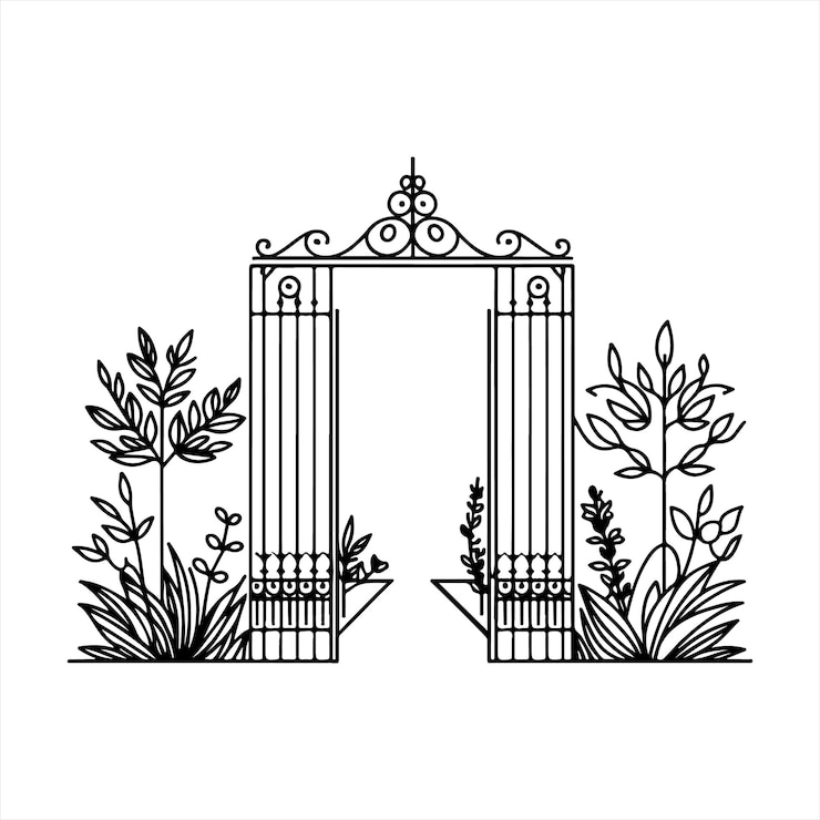 Vector a black and white drawing of a gate with plants and flowers