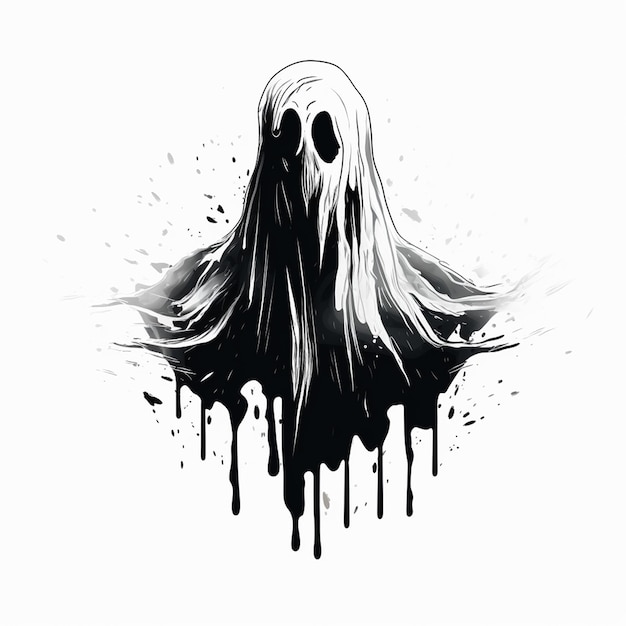 A black and white drawing of a ghost with a black background