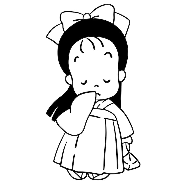 Black and white drawing of a girl in a japanese dress