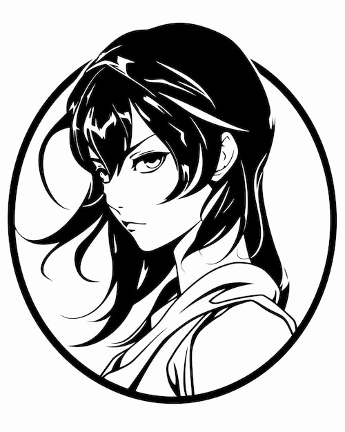 A black and white drawing of a girl with black hair and a black hair.