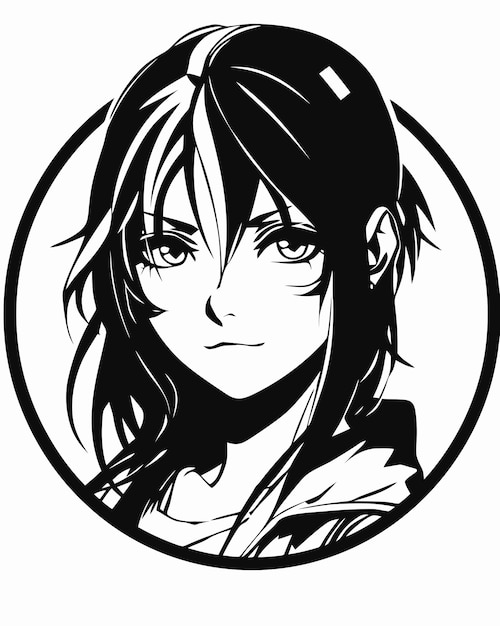 A black and white drawing of a girl with black hair and a white stripe on her hair.