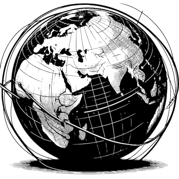 Vector a black and white drawing of a globe with a map of the world on it