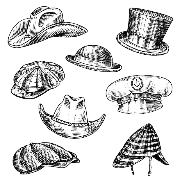 A black and white drawing of hats and hats.