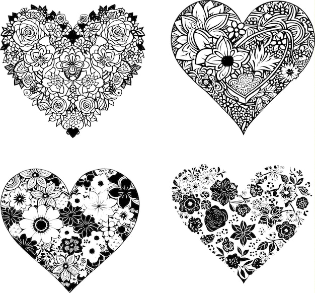 A black and white drawing of a heart with different designs.