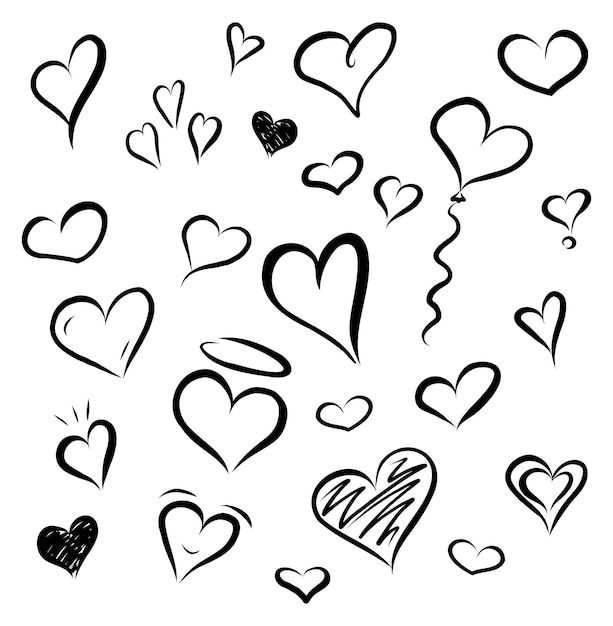 A black and white drawing of hearts with the word love on it