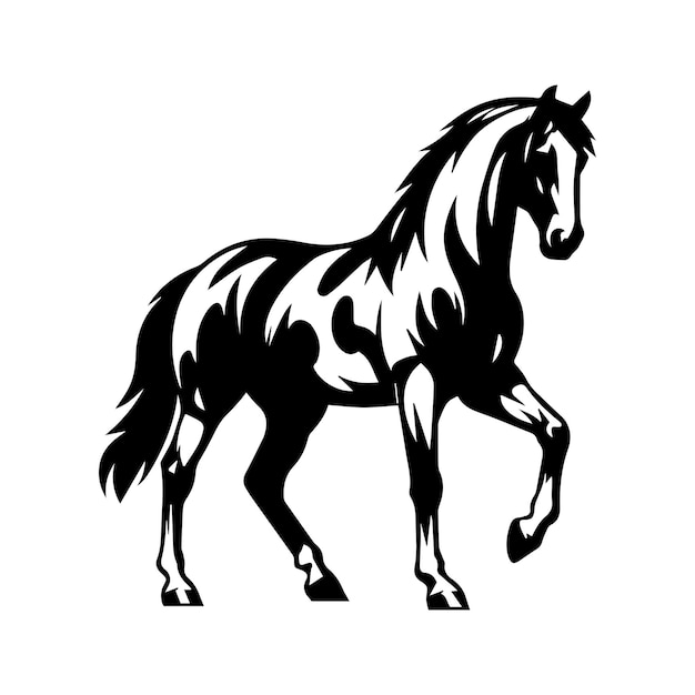 Vector a black and white drawing of a horse with a black mane and tail