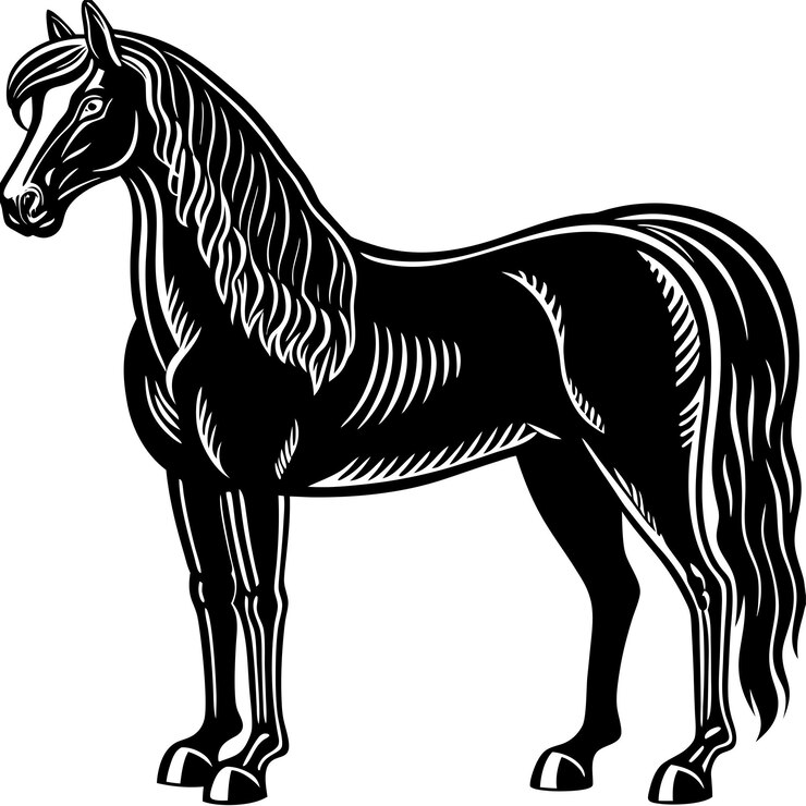 Vector a black and white drawing of a horse with a long tail